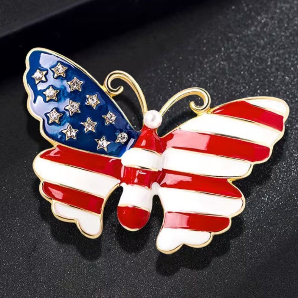 NWT USA Flag Butterfly Brooch Rhinestones Glossy Enamel